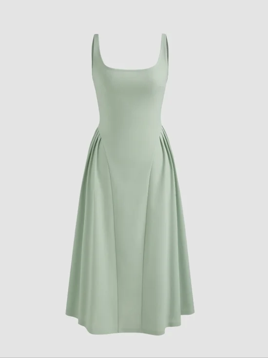 Woven Square Neck Solid Midi Dress In Moss Green From Cider Sz 1XL - Picture 16 of 16